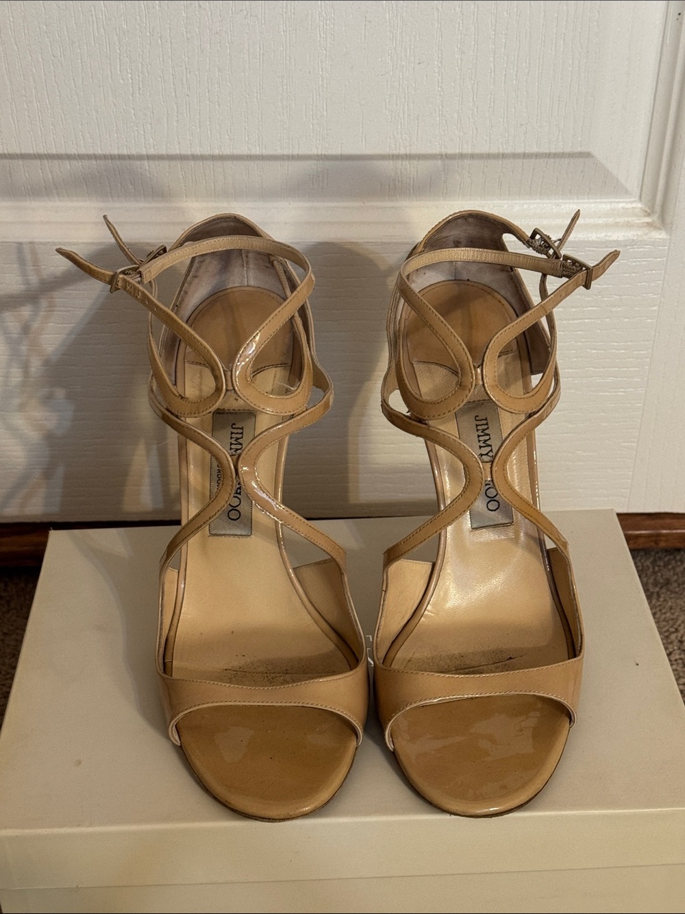 Jimmy Choo Nude Patent Leather Strappy Heels